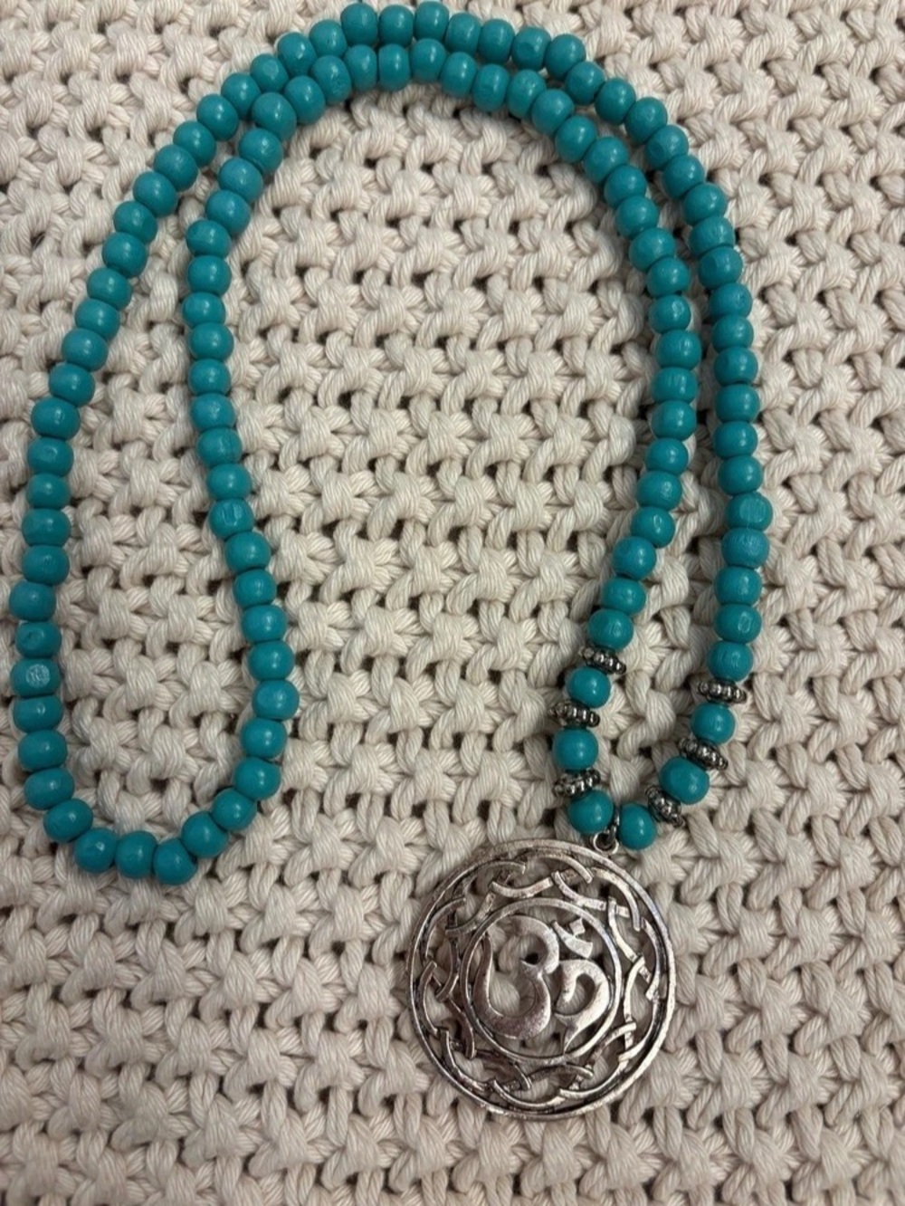 Turquoise colored wooden bead Hippie Om Pendant Necklace